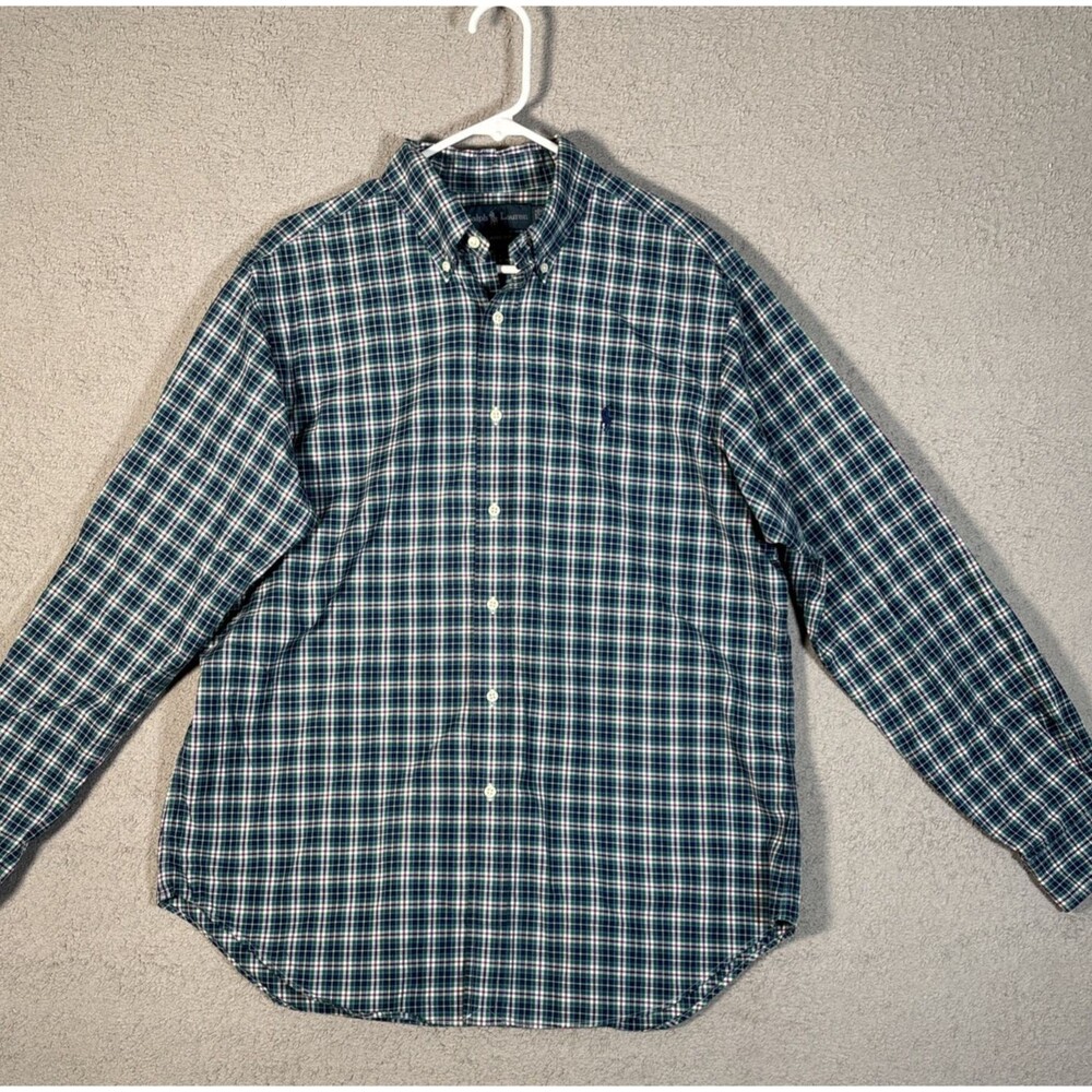 Ralph Lauren Mens Large Classic Fit Plaid Button Down Shirt Green Navy Blue Long